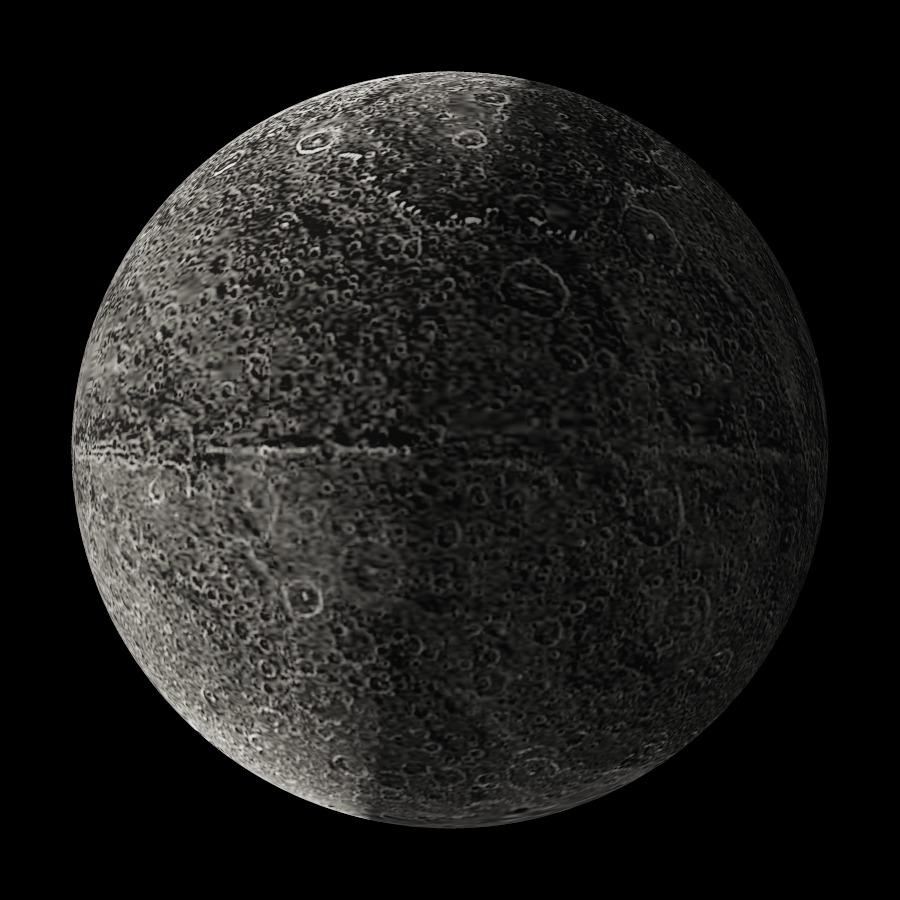 Iapetus, showing the equatorial ridge across a heavily cratered surface