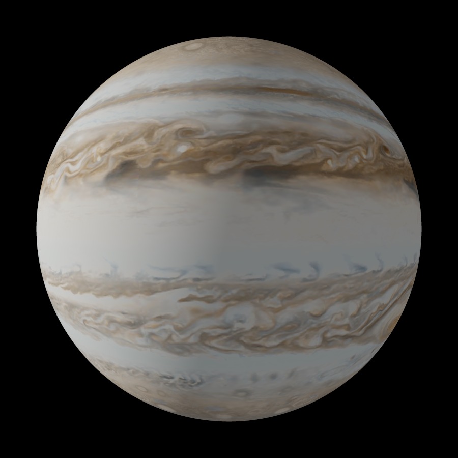 Jupiter, its belts and zones drawn as a lit sphere