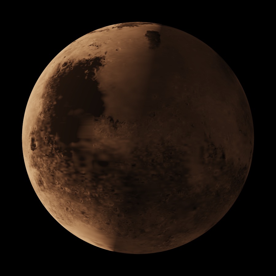 Mars, lit from the real solar position, with Syrtis Major on the terminator