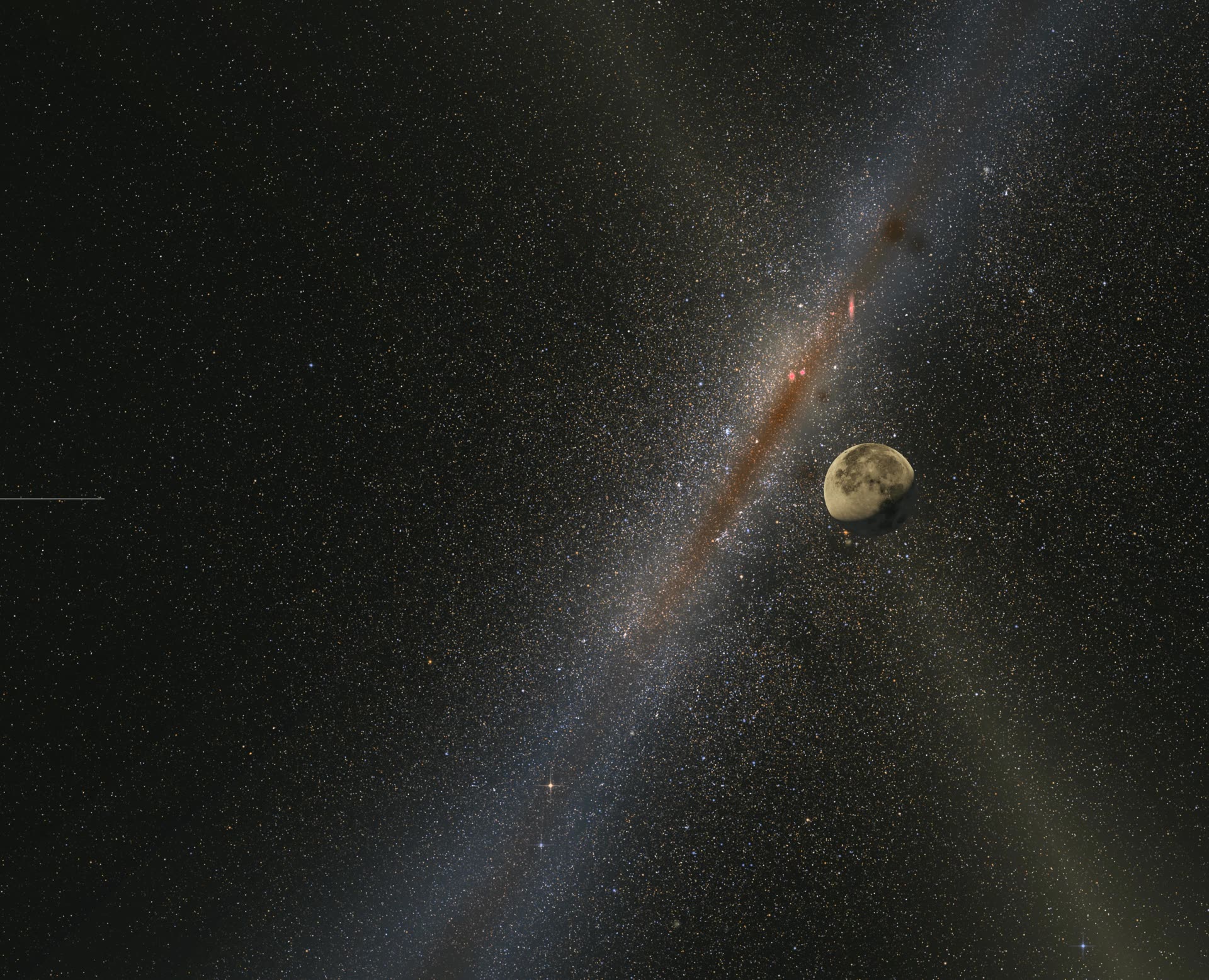 The Moon against the plane of the Milky Way, rendered from real positions