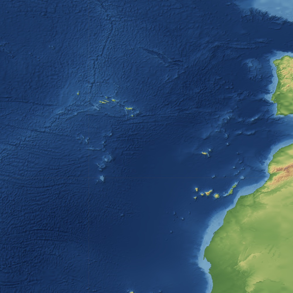 The Mid-Atlantic Ridge with the Azores, Madeira and the Canaries off the African coast
