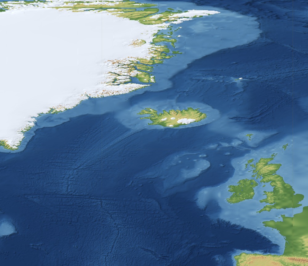 The Greenland ice sheet, Iceland, the Faroes and the British Isles above the Reykjanes Ridge