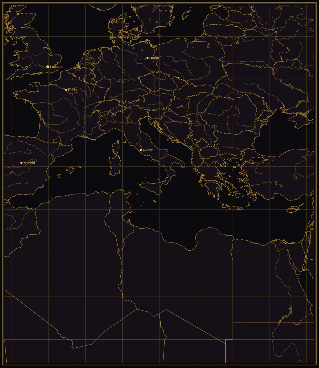 The Mediterranean in Carte Noire: gold lines on near-black