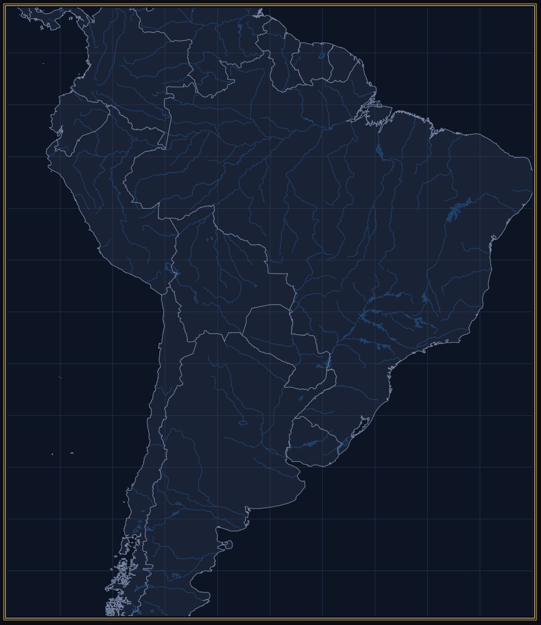 South America drawn in the Nocturne house style: coastline, national and internal borders, rivers and a graticule in lit line on a dark ground