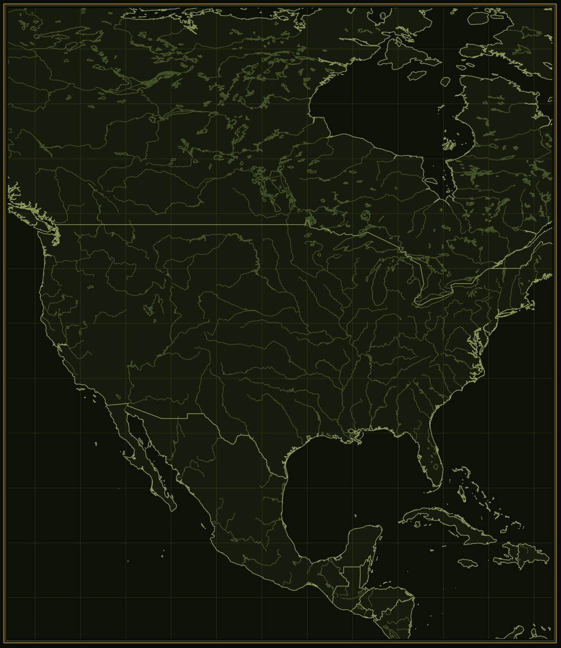 North America in Olive: warm gold line on near-black olive