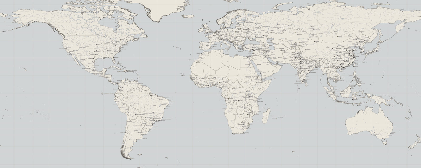 A political world map on a light ground: national borders, internal divisions, rivers, lakes and named cities placed by real population