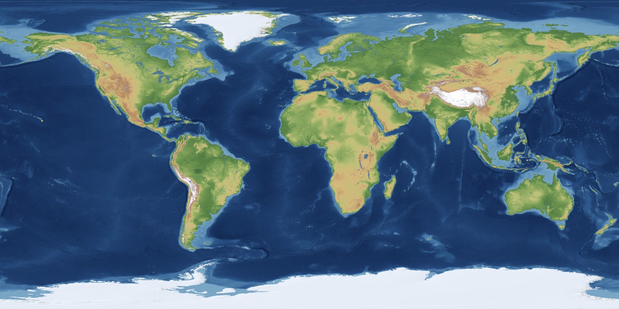 The world in relief: land shaded by height, permanent ice in white, and the ocean floor drawn rather than left blank