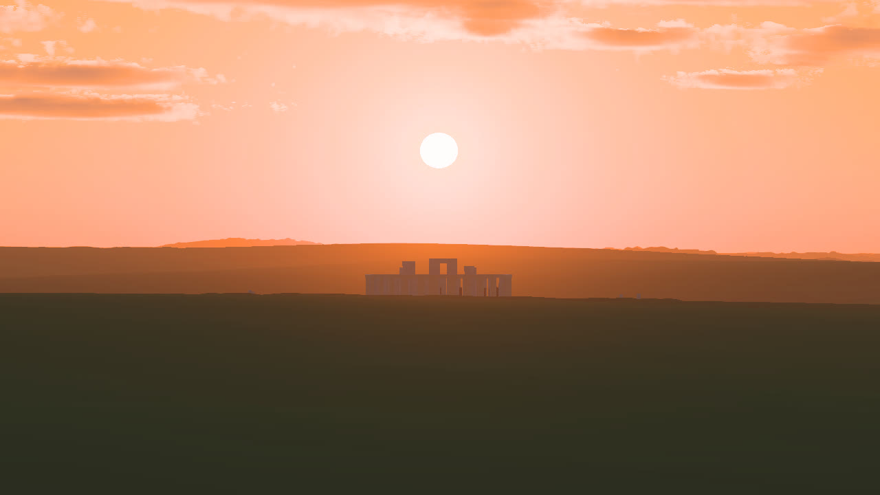 The midsummer Sun rising under high cloud over Salisbury Plain, 2500 BC, rendered from the solved light
