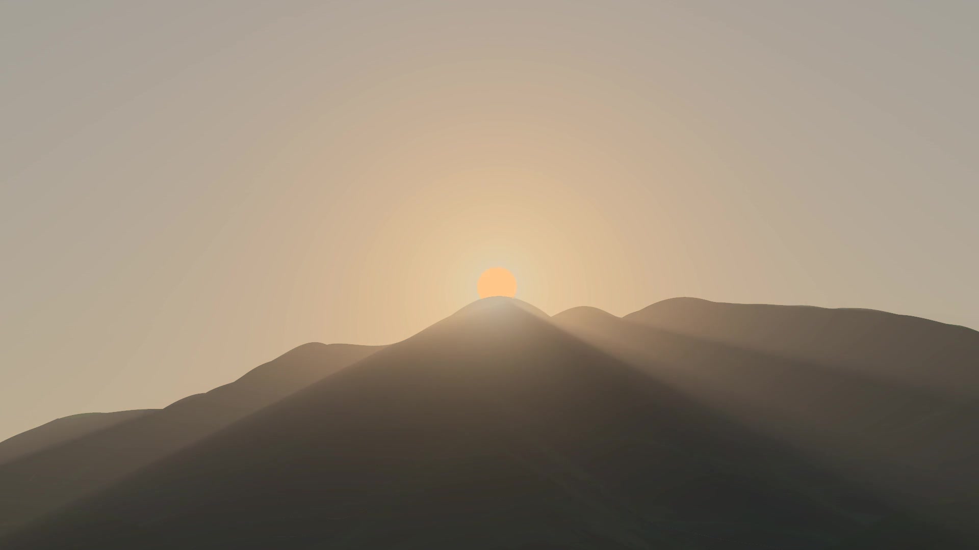The Sun cresting the peak at sunrise, its rays down the slopes