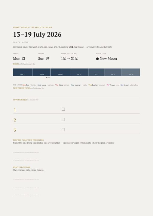 A weekly agenda page