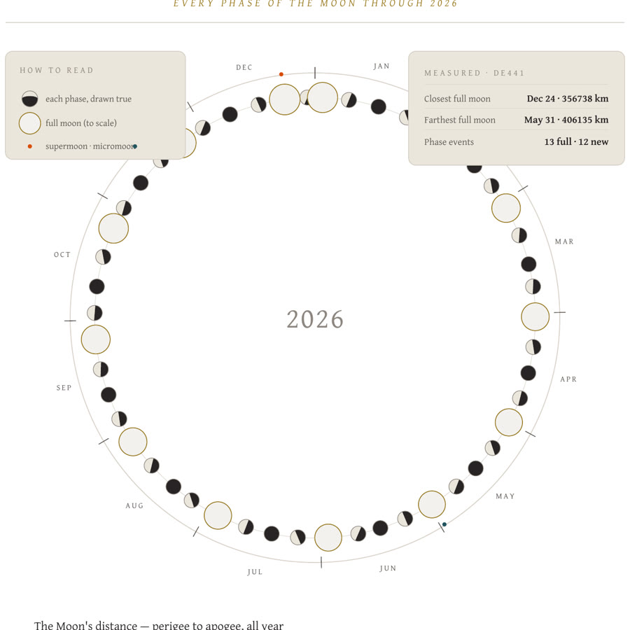 A Year of Moons: every phase of the year arranged on a ring, drawn true