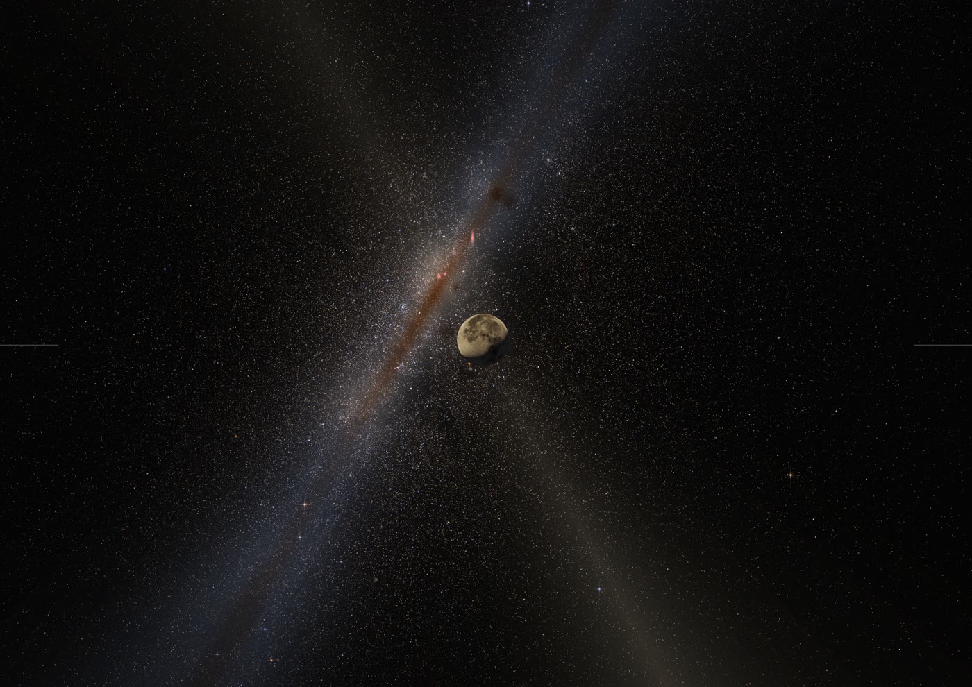 The Moon against the plane of the Milky Way, with the galactic dust lanes and the zodiacal band
